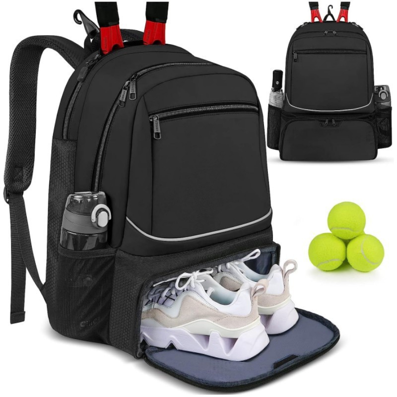 Badminton World - กระเป๋าเป้สะพายหลังเทนนิสความจุขนาดใหญ่ กระเป๋าใส่ไม้เทนนิสสำหรับใส่ไม้เทนนิส 1-2 อัน กระเป๋าแบดมินตันกลางแจ้งพร้อมช่องใส่รองเท้า สีดำชมพู